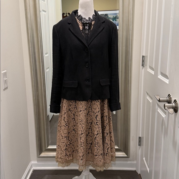 Beige Lace full skirt Midi Dress short sleeve fully lined back zipper Sz Small - Picture 4 of 9